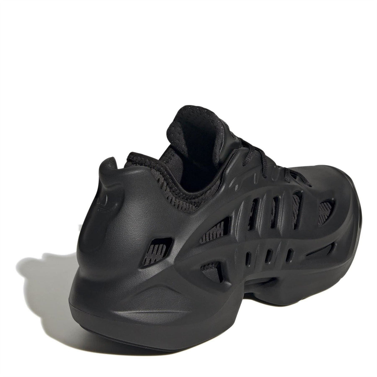 Black adidas Adifom low-top sneakers, heel and rear view with cushioned sole