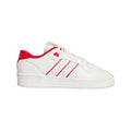White low-top lace-up trainers with red accents and three side stripes.
