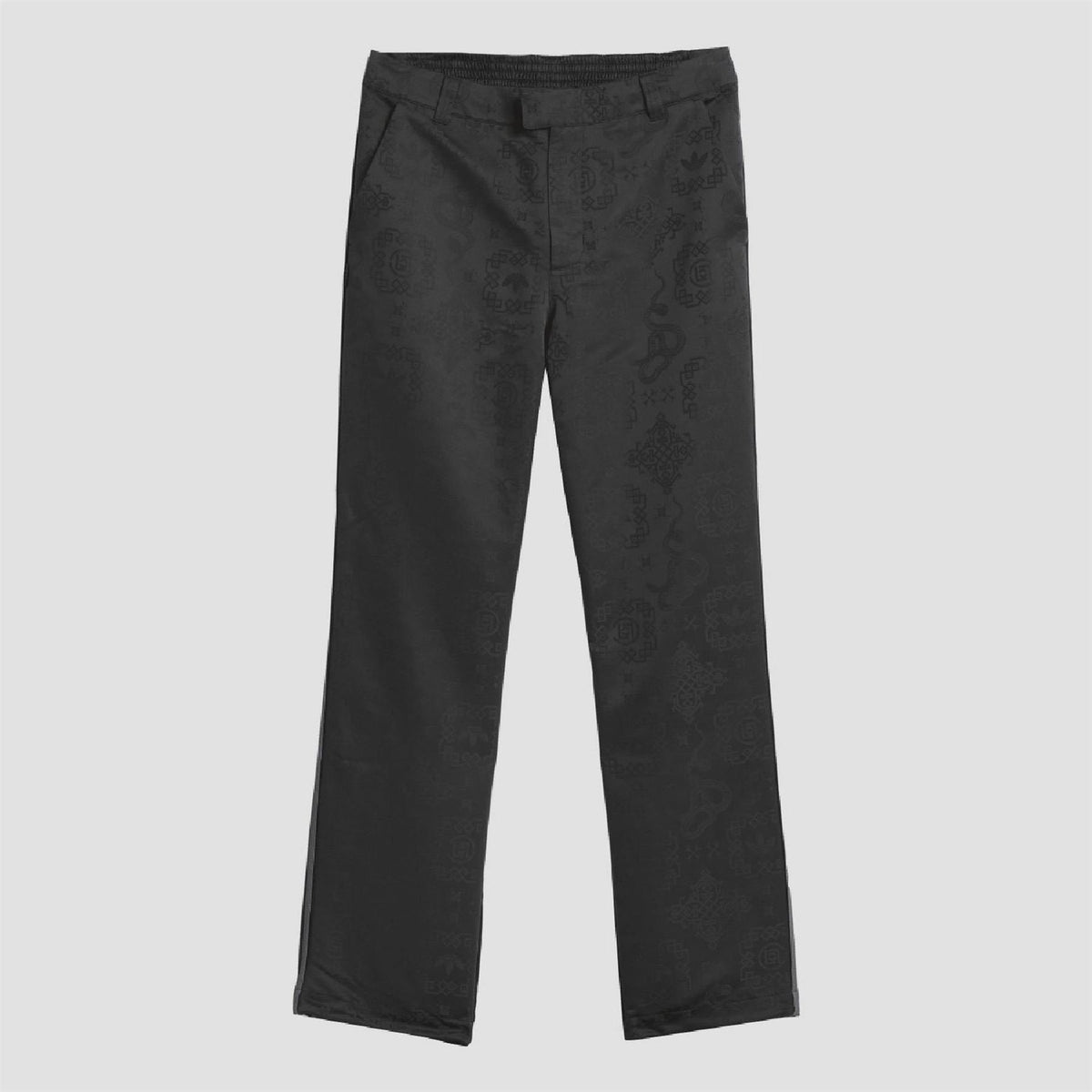 Black allover print track pants with elastic waistband and straight-leg cuffs