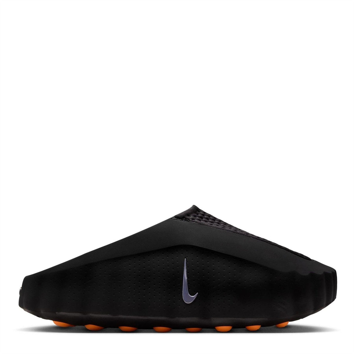 Black Nike slide sandals with orange outsole pods and textured upper