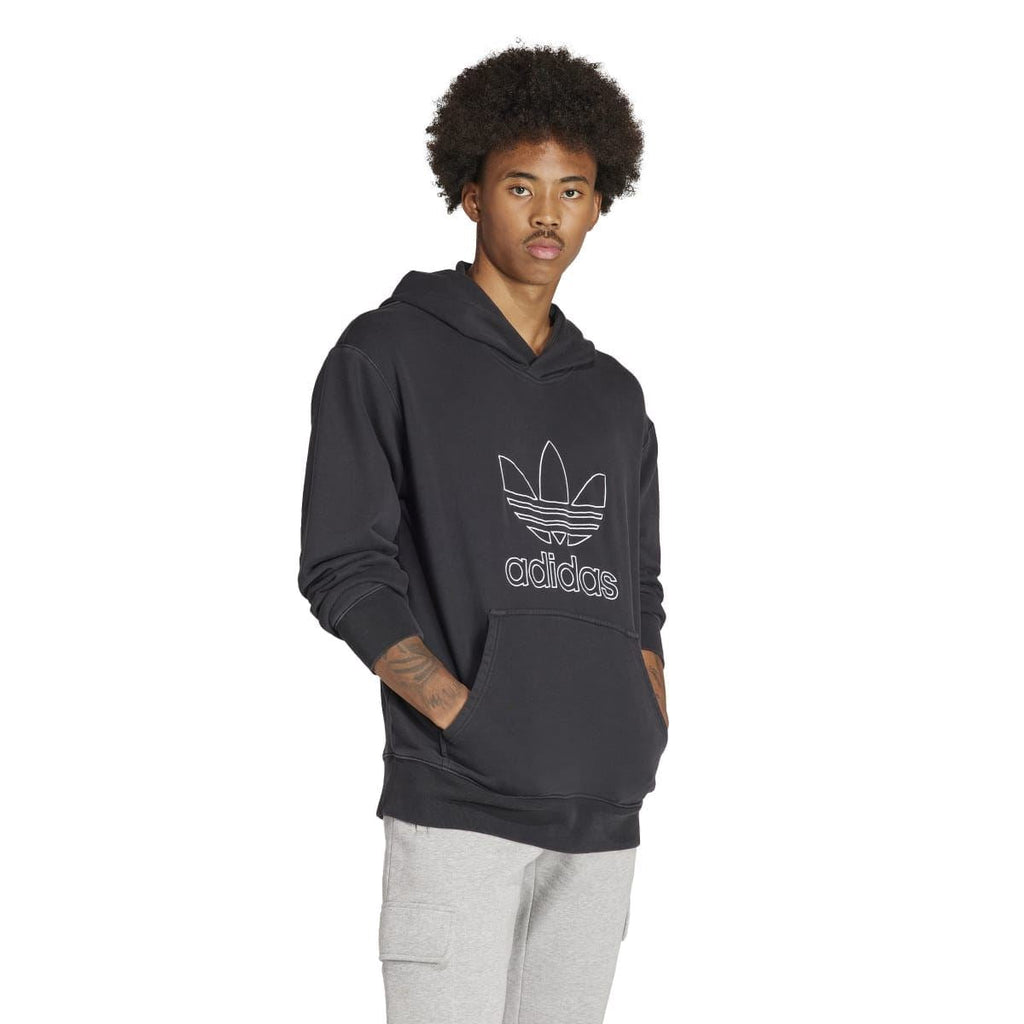 Black pullover hoodie with outline trefoil adidas logo and kangaroo pocket