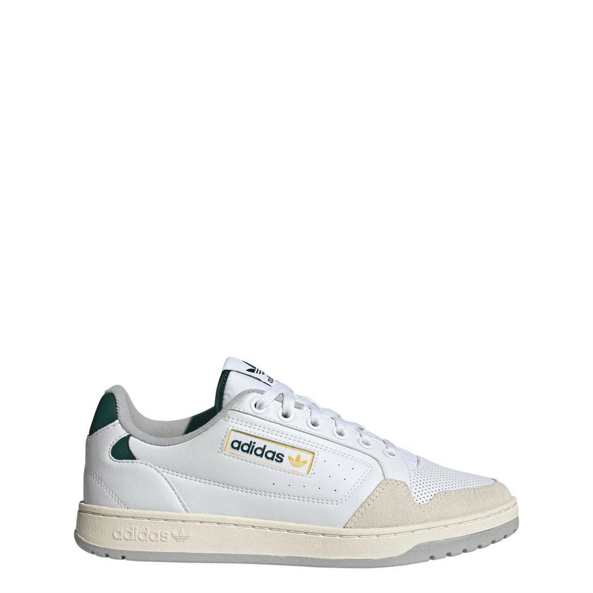 White adidas Originals trainers side view with green heel and gold logo, lace-up