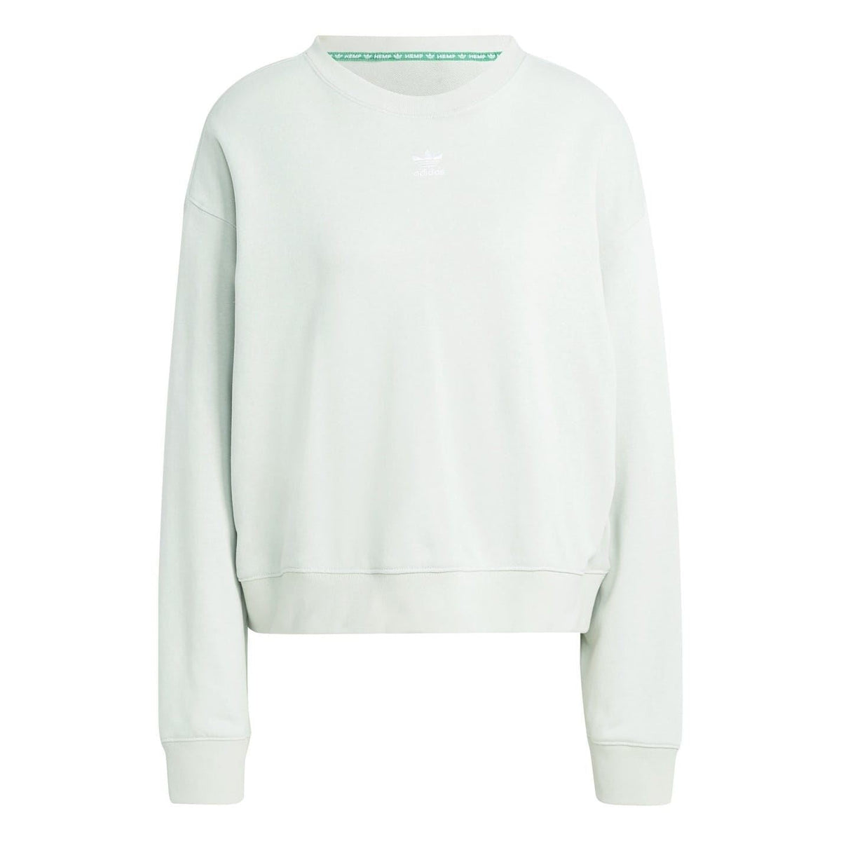 adidas Originals crewneck sweatshirt, light green, flat lay front view with small chest logo