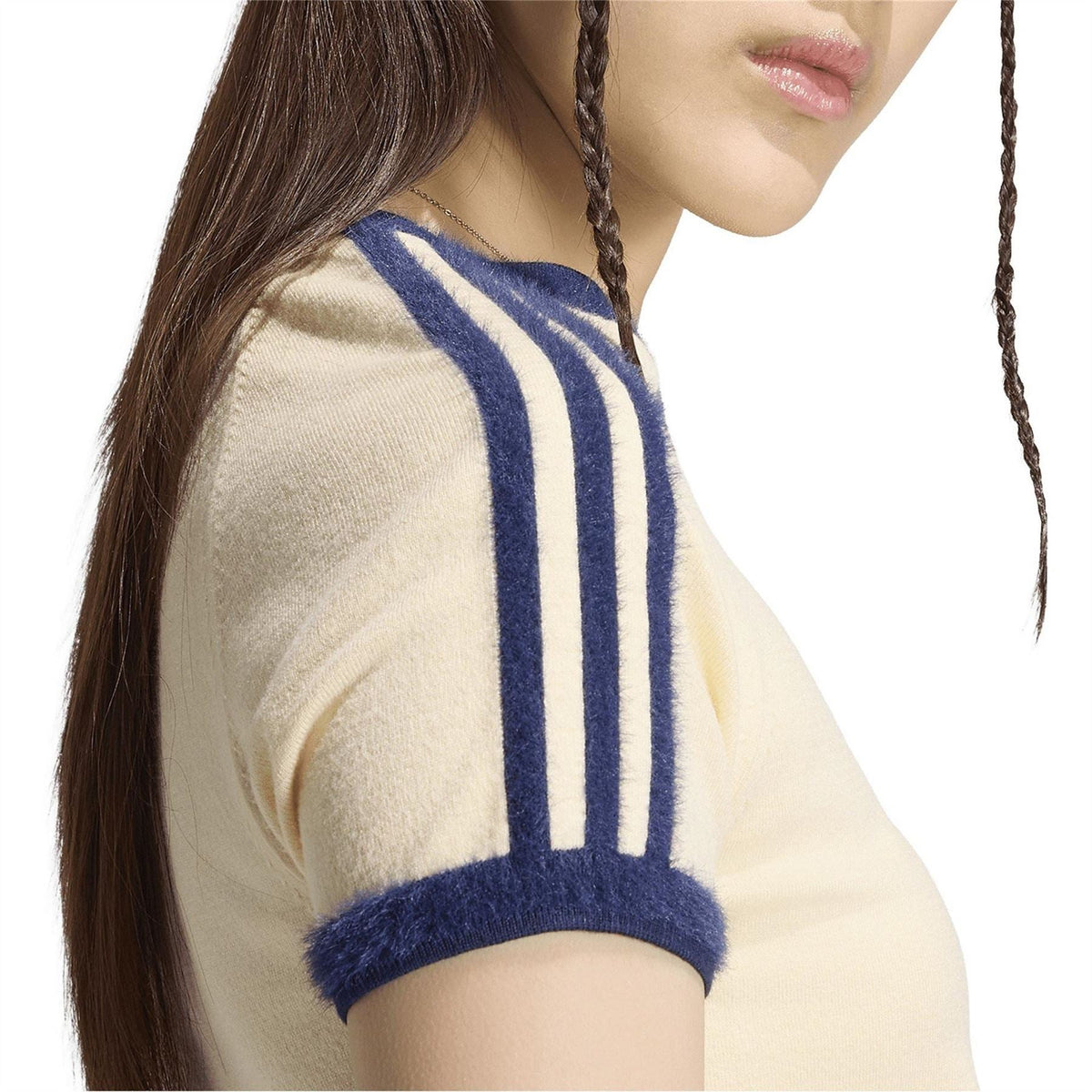 Adidas Originals knit tee sleeve detail, vanilla knit with navy triple stripe trim