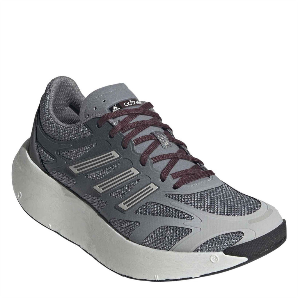 Grey and dark grey lace-up running shoes with maroon laces and white cushioned midsole