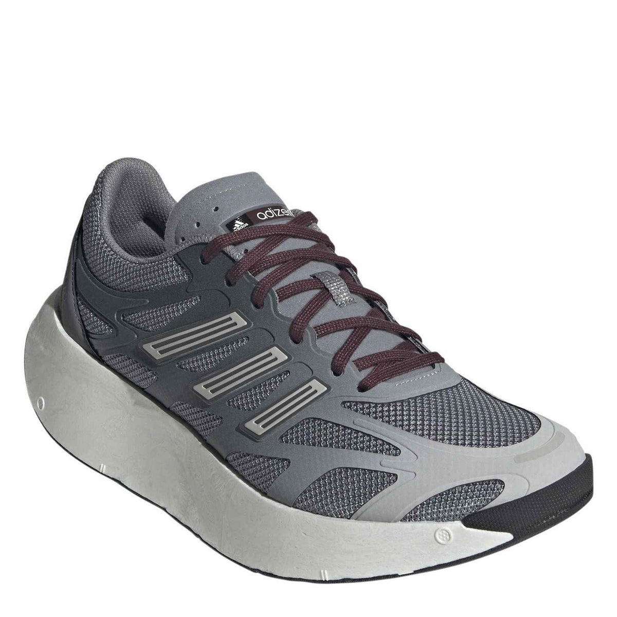 Grey and dark grey lace-up running shoes with maroon laces and white cushioned midsole