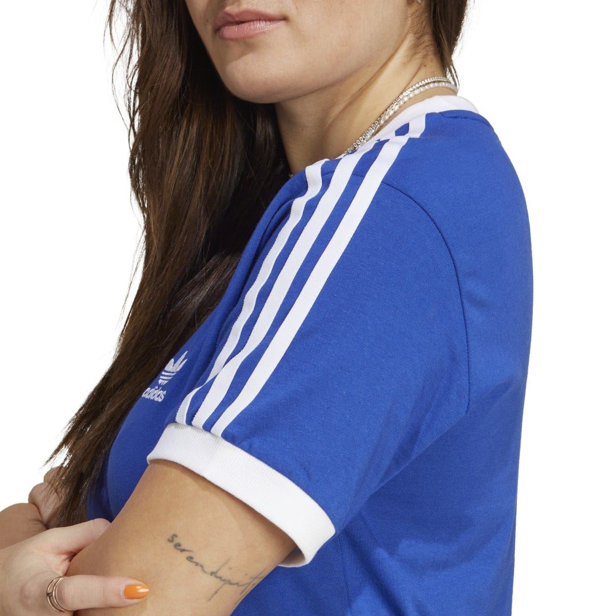 Blue adidas t-shirt with white 3-stripe shoulder detail and ribbed collar