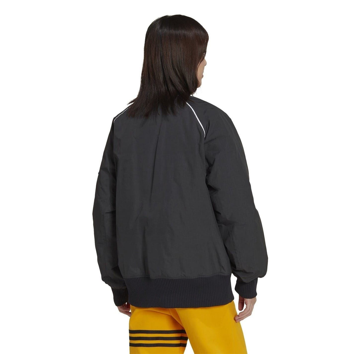 Dark bomber jacket back view with ribbed waistband and cuffs, full-length zipper.