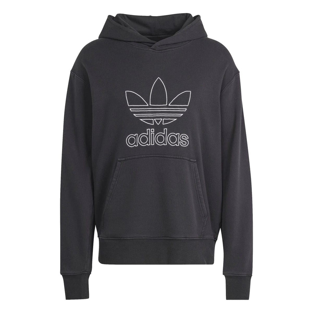 Black pullover hoodie with kangaroo pocket and outline trefoil adidas logo