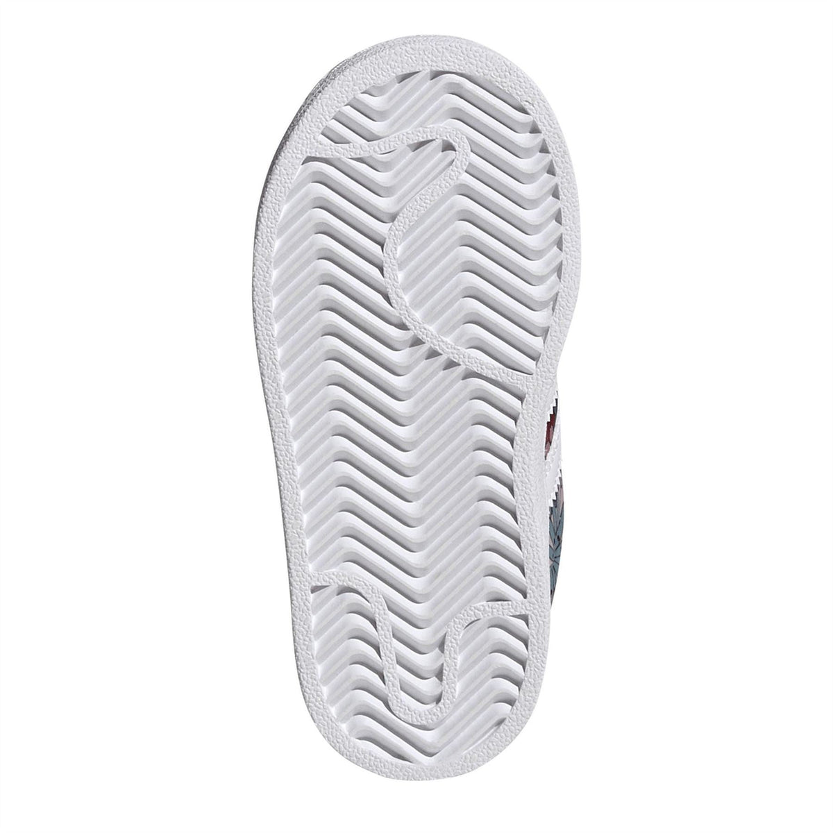 Shoe outsole view of pink-and-white sneakers with textured herringbone tread