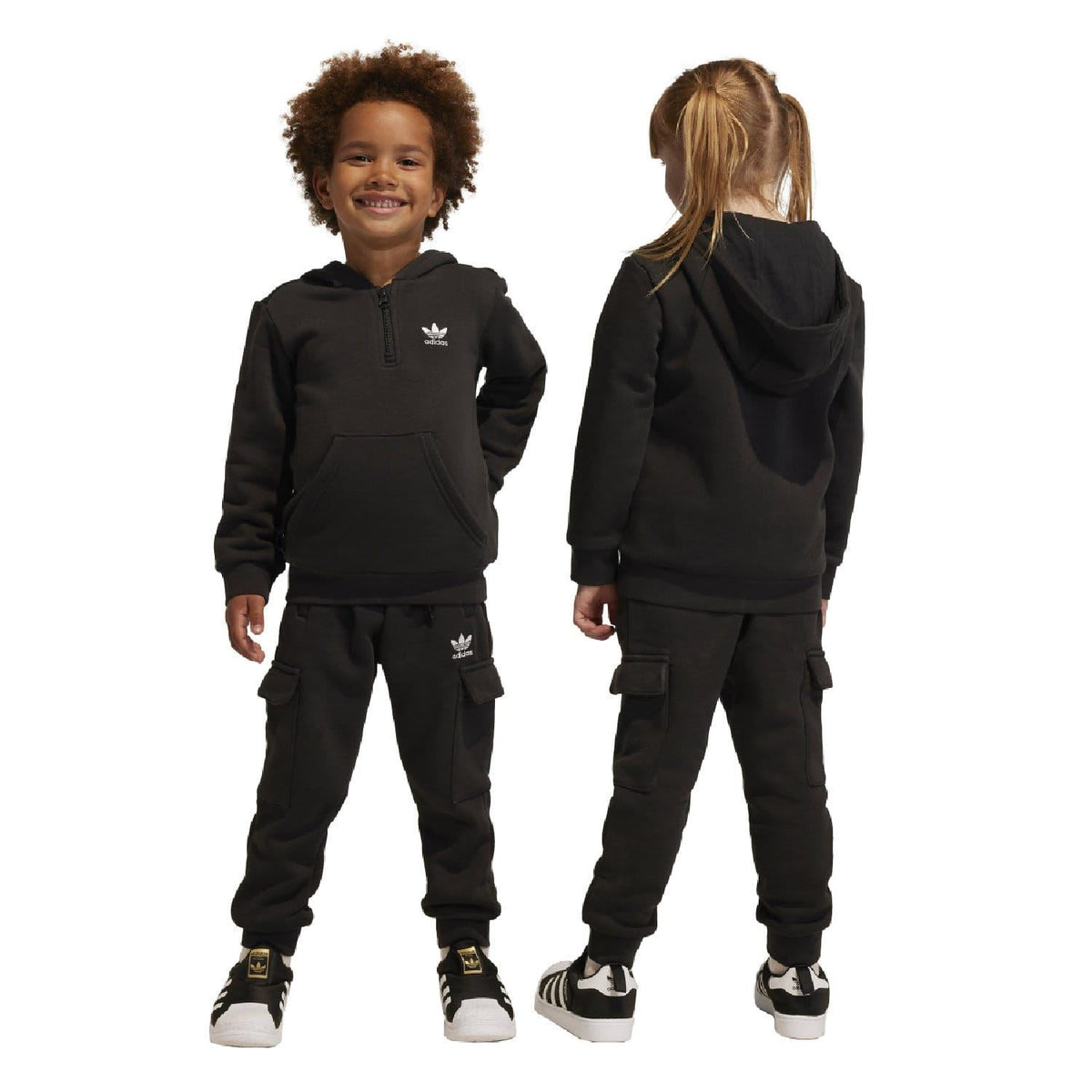 adidas Originals infant half-zip hoodie and cargo pants set, soft and comfortable clothing for children aged 2-7 years