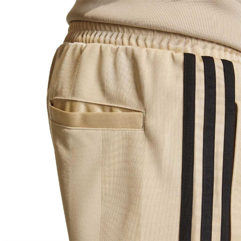 Stone khaki shorts back view with elastic waist, side pocket, and black 3-stripe panel