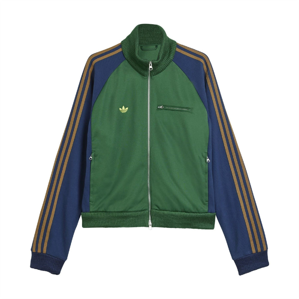 Green and navy track top jacket with full zipper, mock neck, and gold stripe sleeves
