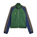 Green and navy track top jacket with full zipper, mock neck, and gold stripe sleeves