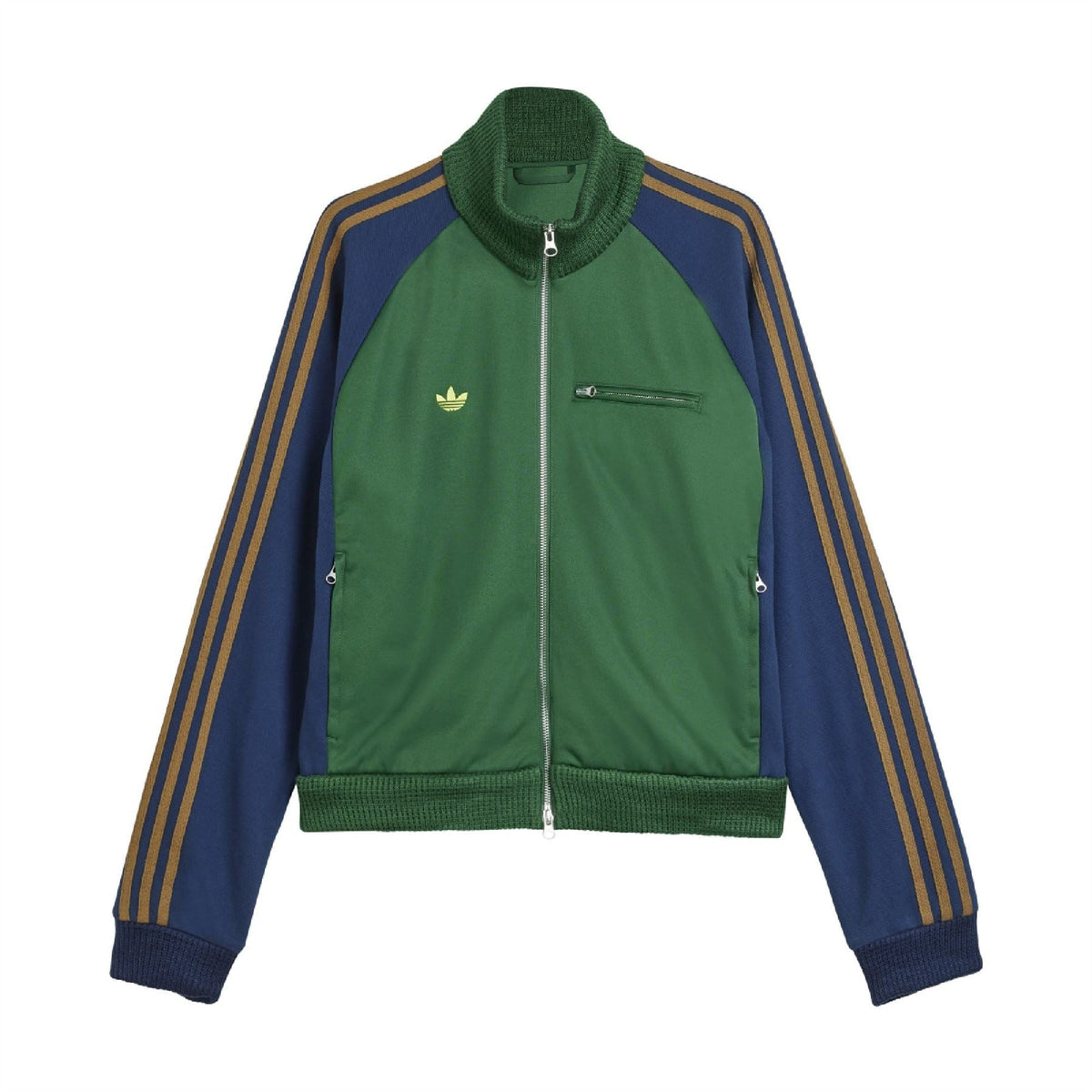 Green and navy track top jacket with full zipper, mock neck, and gold stripe sleeves