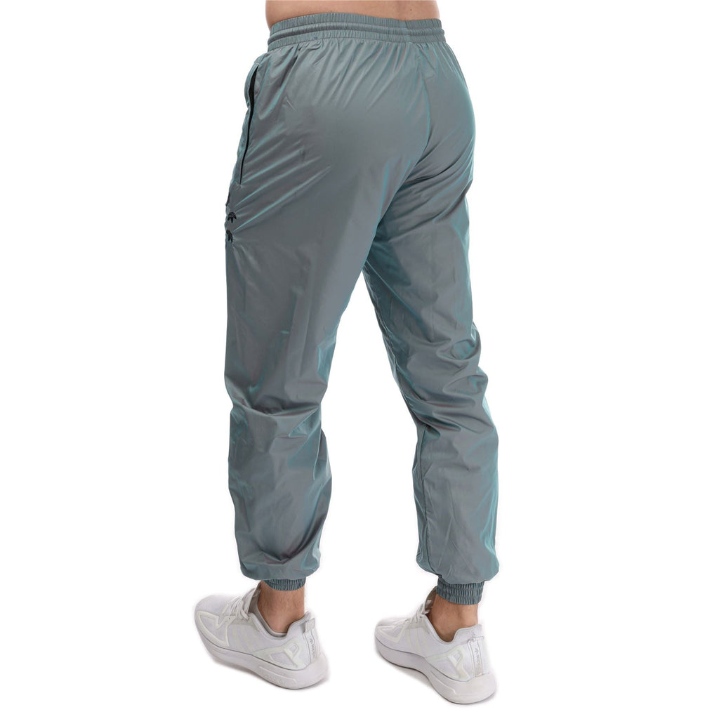 Light blue track pants, back view, elastic waistband and cuffed ankle openings