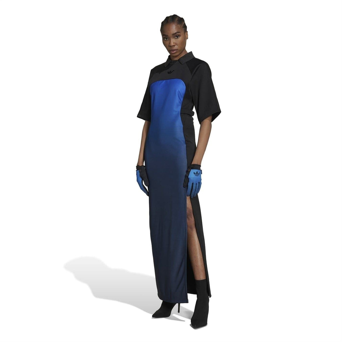 Color-block maxi dress, black top and blue body, front slit and short sleeves
