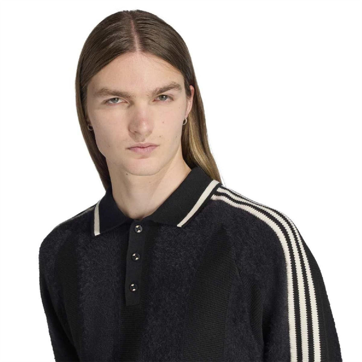 Dark collared raglan sweater with button placket and white triple stripe sleeve bands