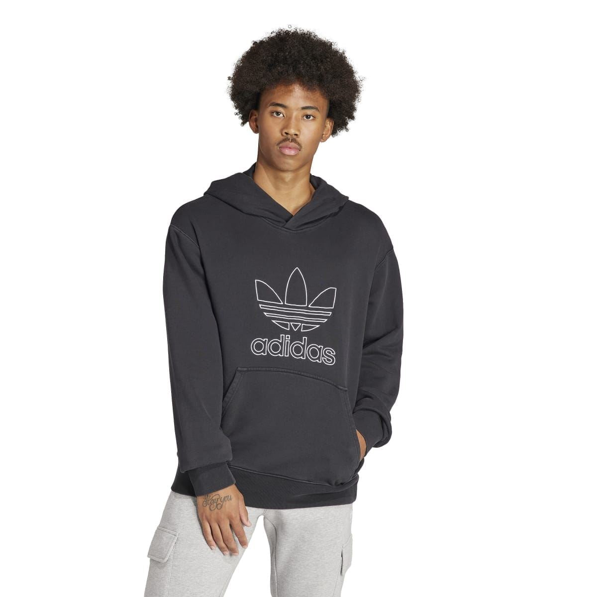 Black pullover hoodie with outline trefoil adidas graphic and drawstring hood