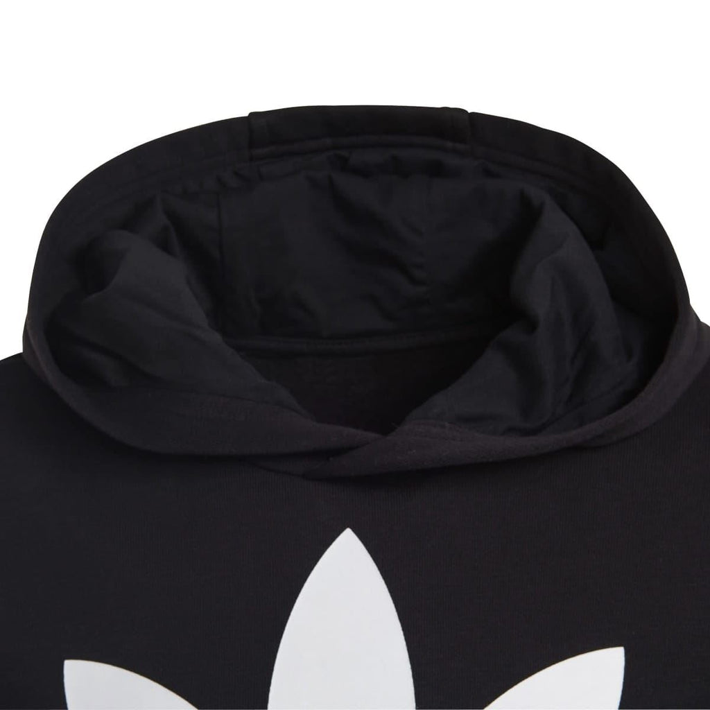 Black hoodie with inner hood lining and trefoil logo close-up