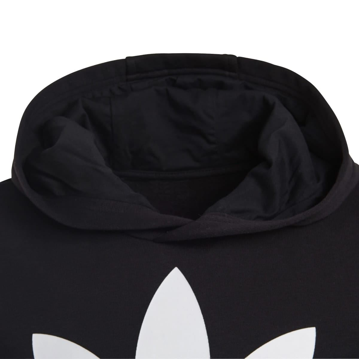 Black hoodie with inner hood lining and trefoil logo close-up