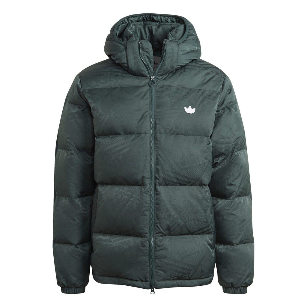 Hooded puffer jacket with full zip and adidas logo, dark green