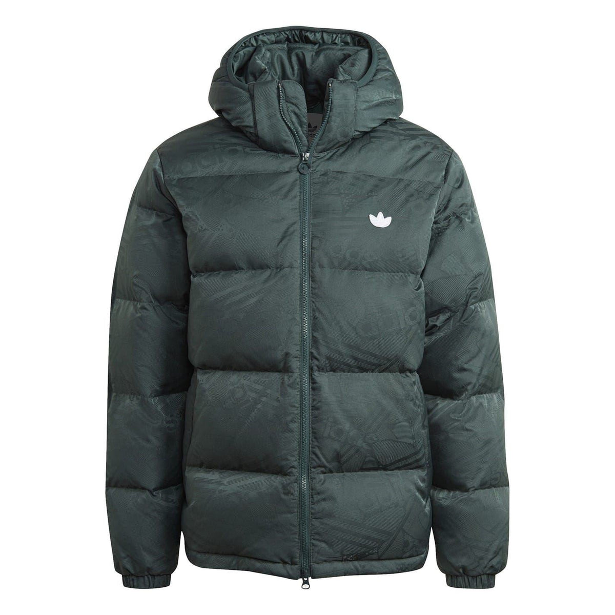 Hooded puffer jacket with full zip and adidas logo, dark green