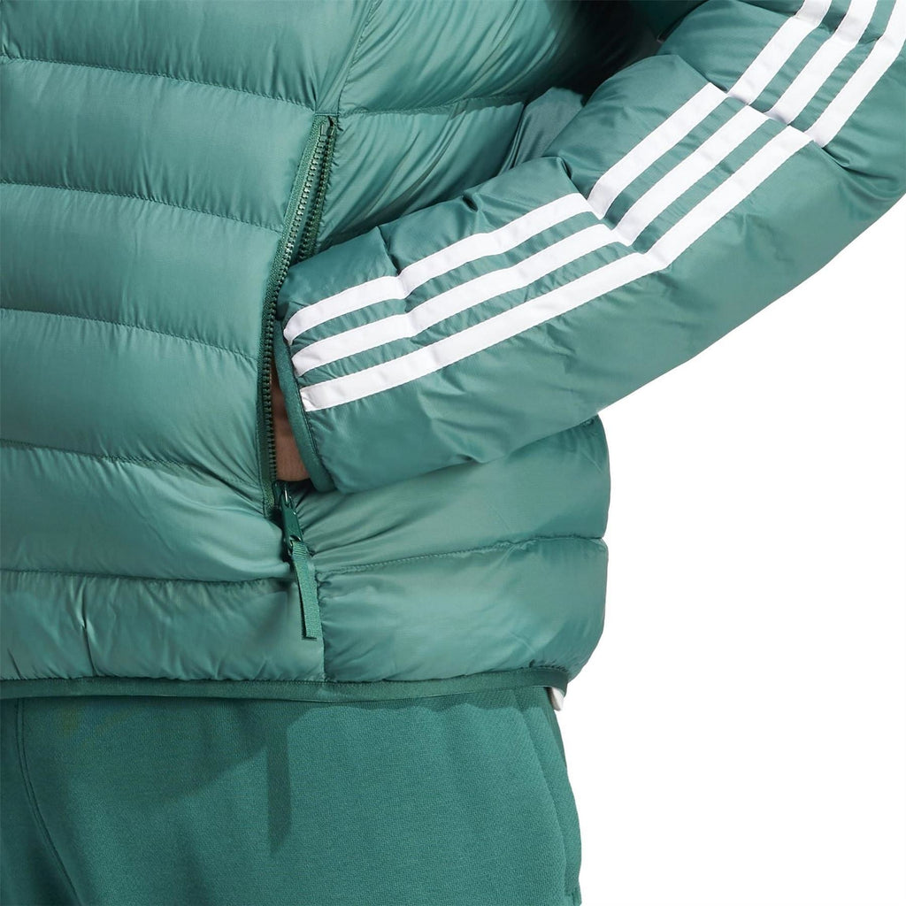 Teal puffer jacket sleeve detail with white striped panel and zip-front placket