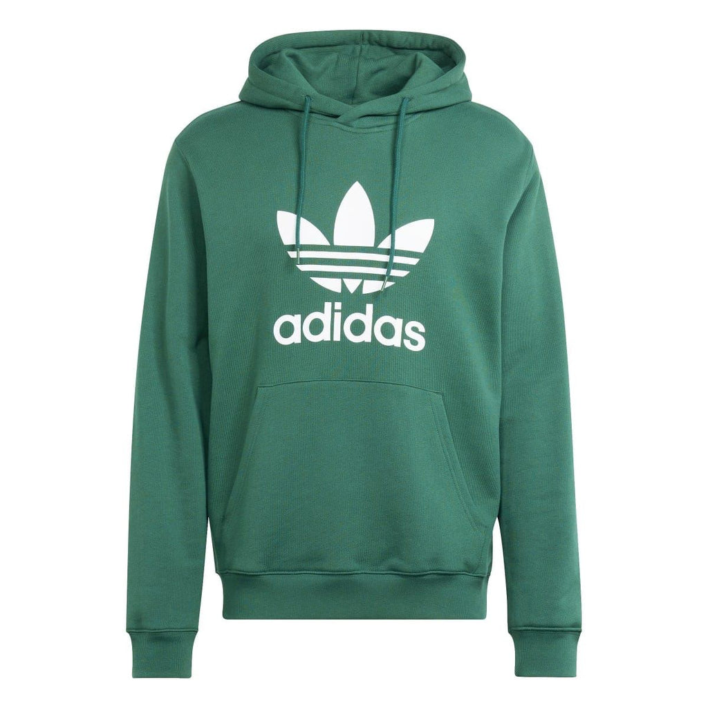Green hoodie with centered trefoil emblem and adidas wordmark on the chest