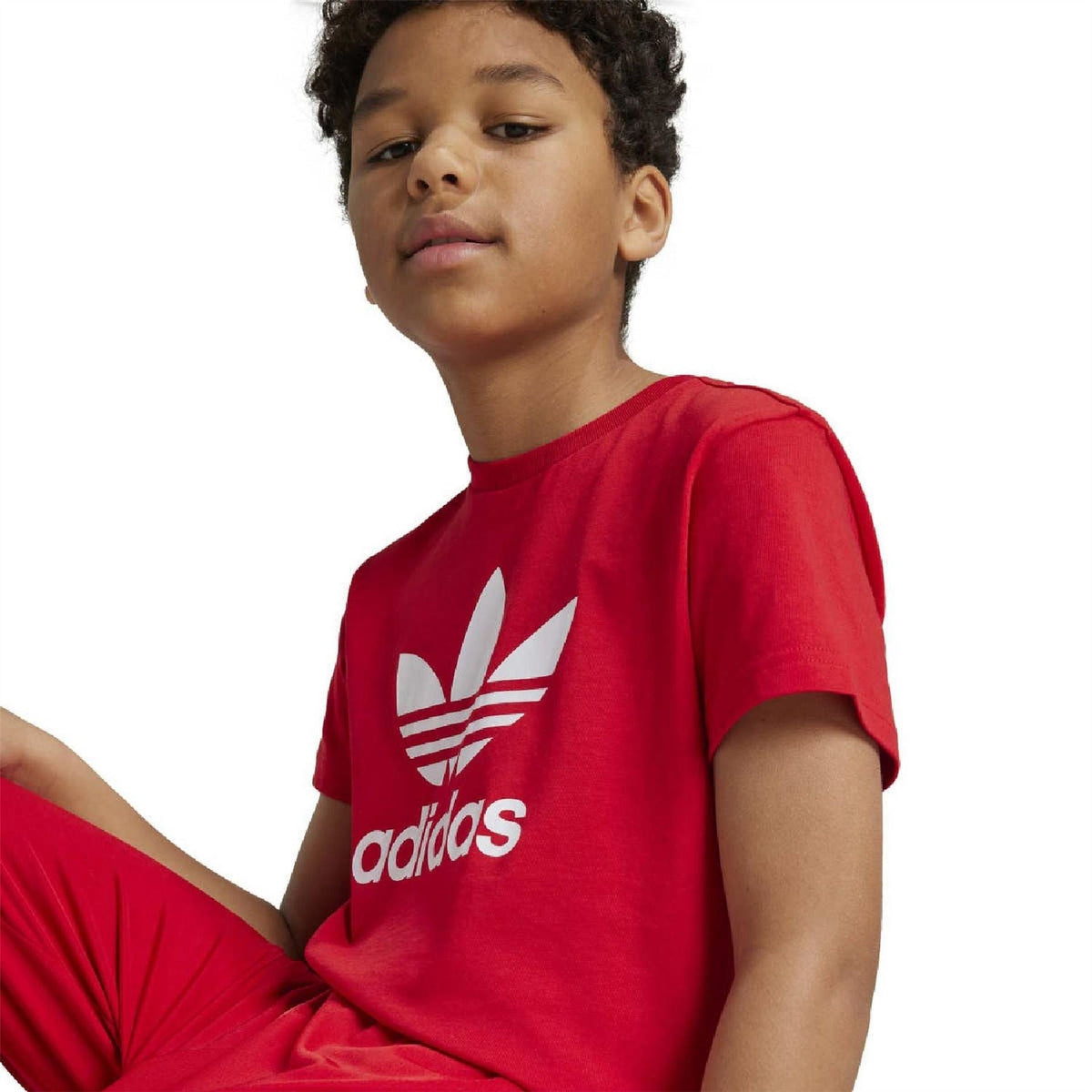 Kids scarlet red crew neck T-shirt with adidas trefoil and adidas wordmark graphic