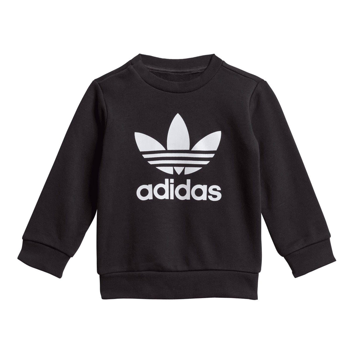 Infants black crew sweatshirt with adidas trefoil logo and ribbed cuffs