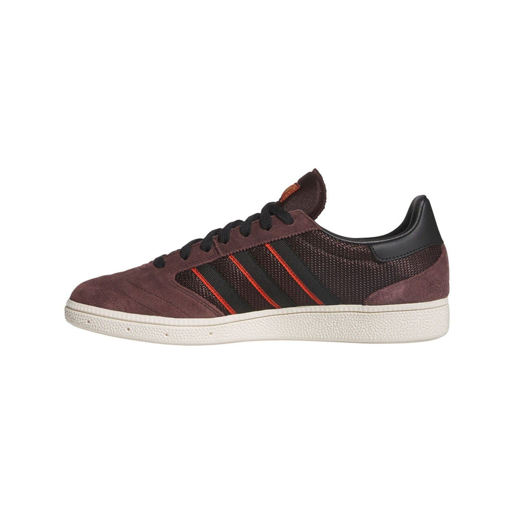 Brown suede and mesh low-top trainers with black collar, red adidas stripes, and white sole