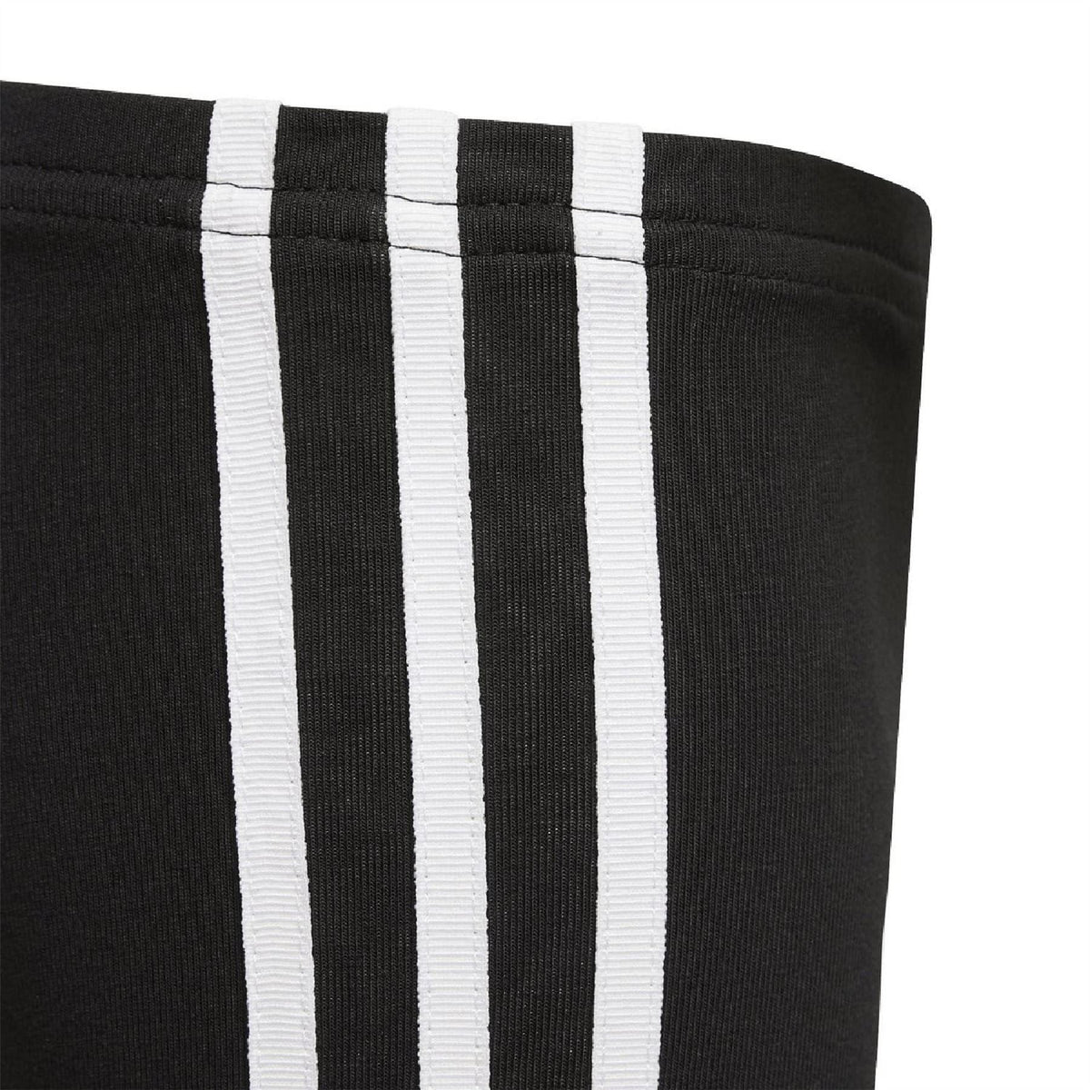 Black leggings with wide elastic waistband and three white vertical stripes