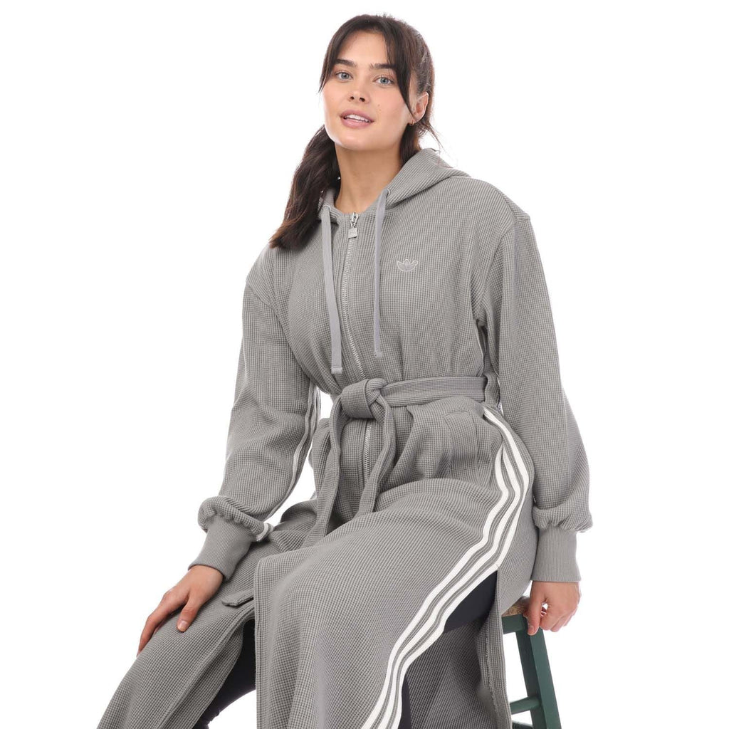 adidas Originals blue belted waffle robe, cozy nightwear onesie with waist belt and textured fabric, perfect for relaxed loungewear.