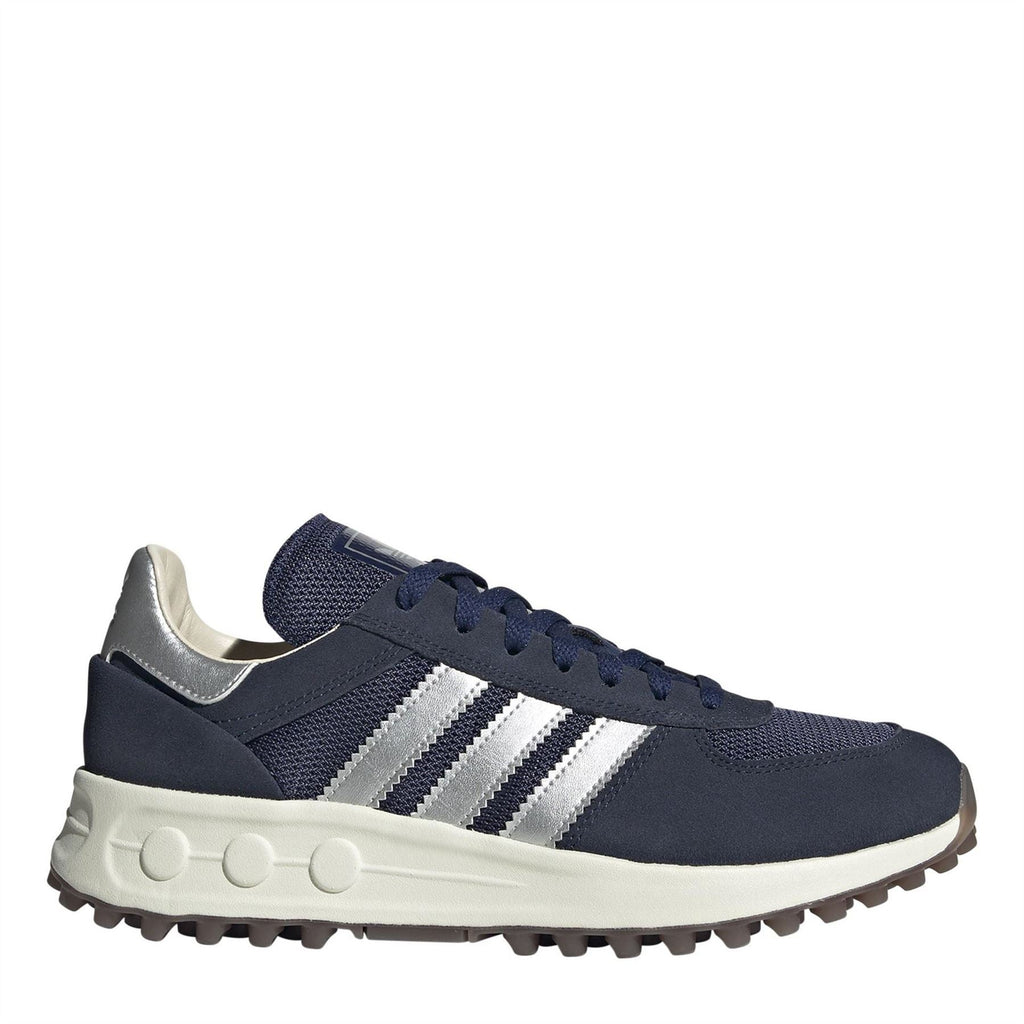 Navy Adidas Originals style trainers with white three stripes and cushioned sole