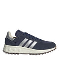 Navy Adidas Originals style trainers with white three stripes and cushioned sole
