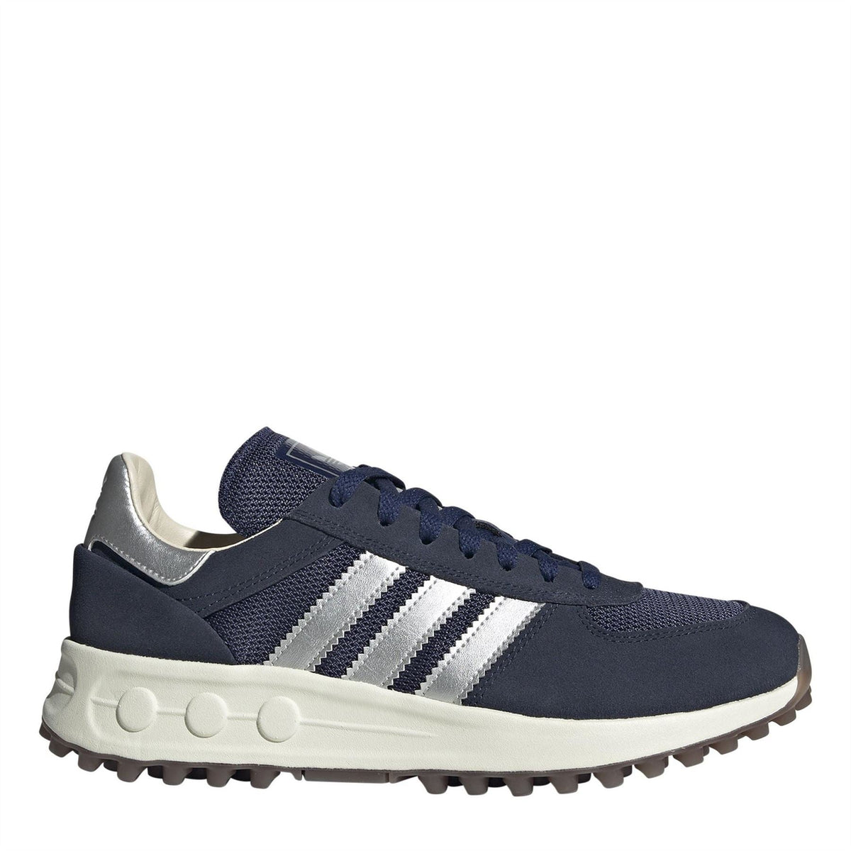 Navy Adidas Originals style trainers with white three stripes and cushioned sole