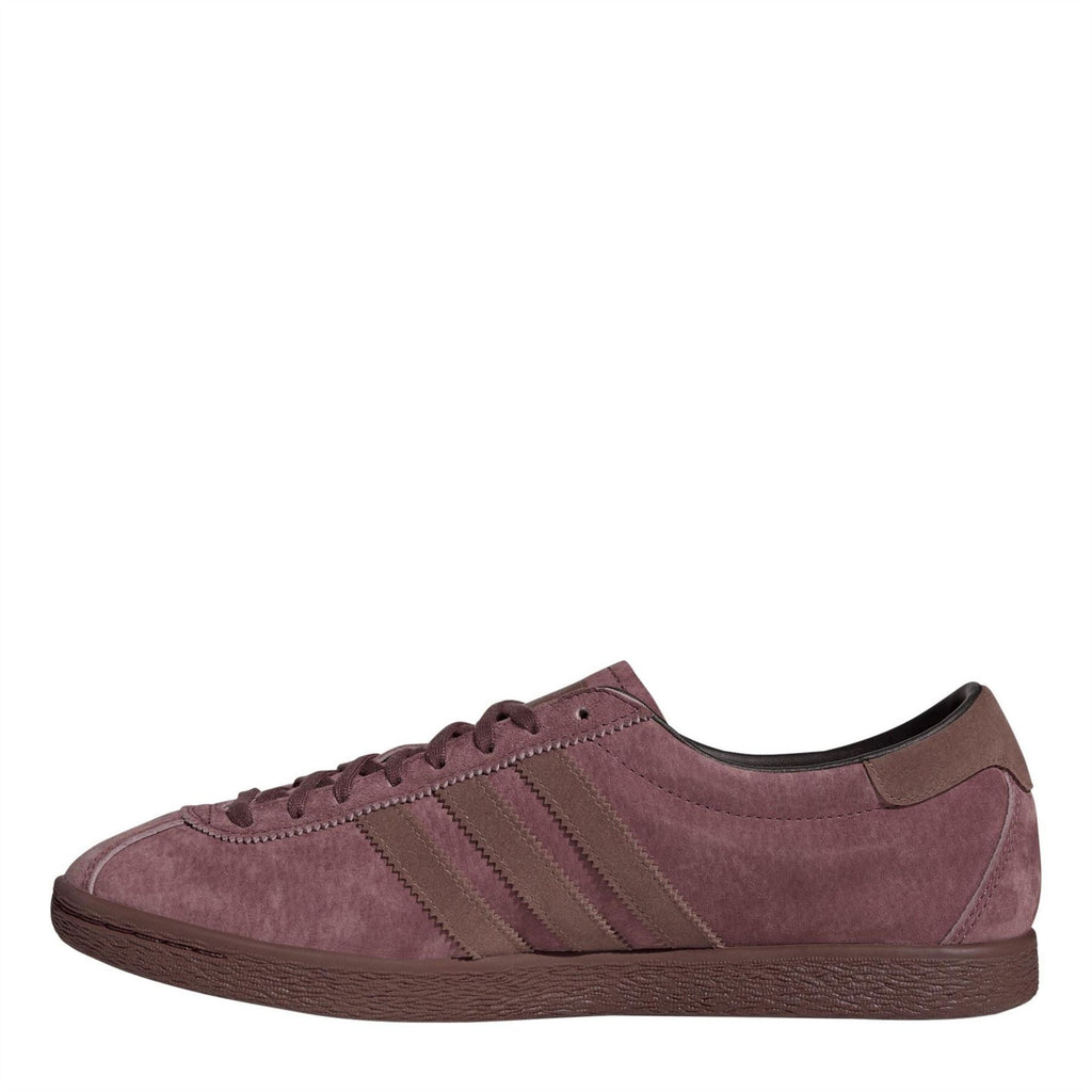 Burgundy suede low-top sneakers with three-panel side stripes and lace-up front