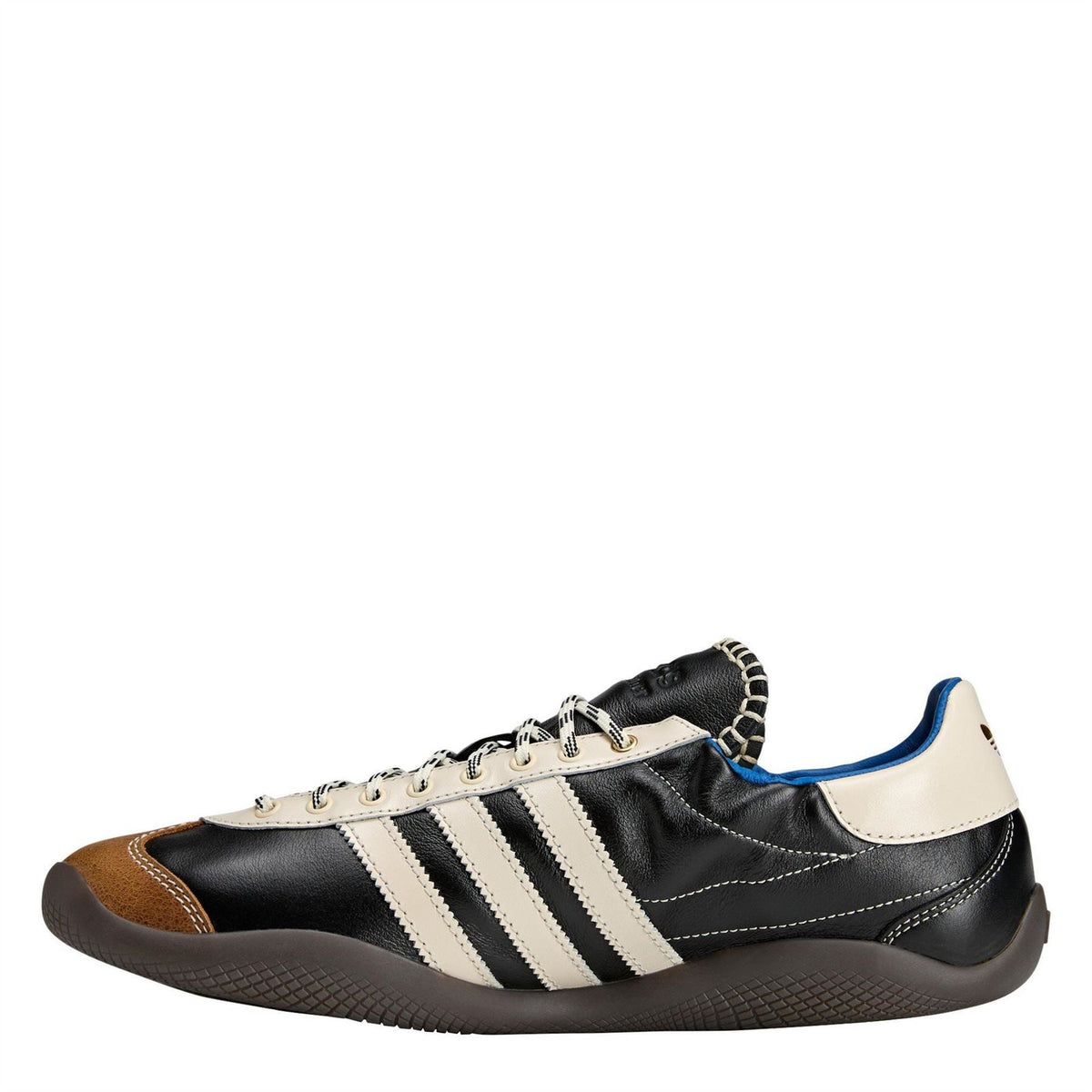 adidas Originals Wales Bonner Karintha sneakers, side view: black, white stripes, tan and blue