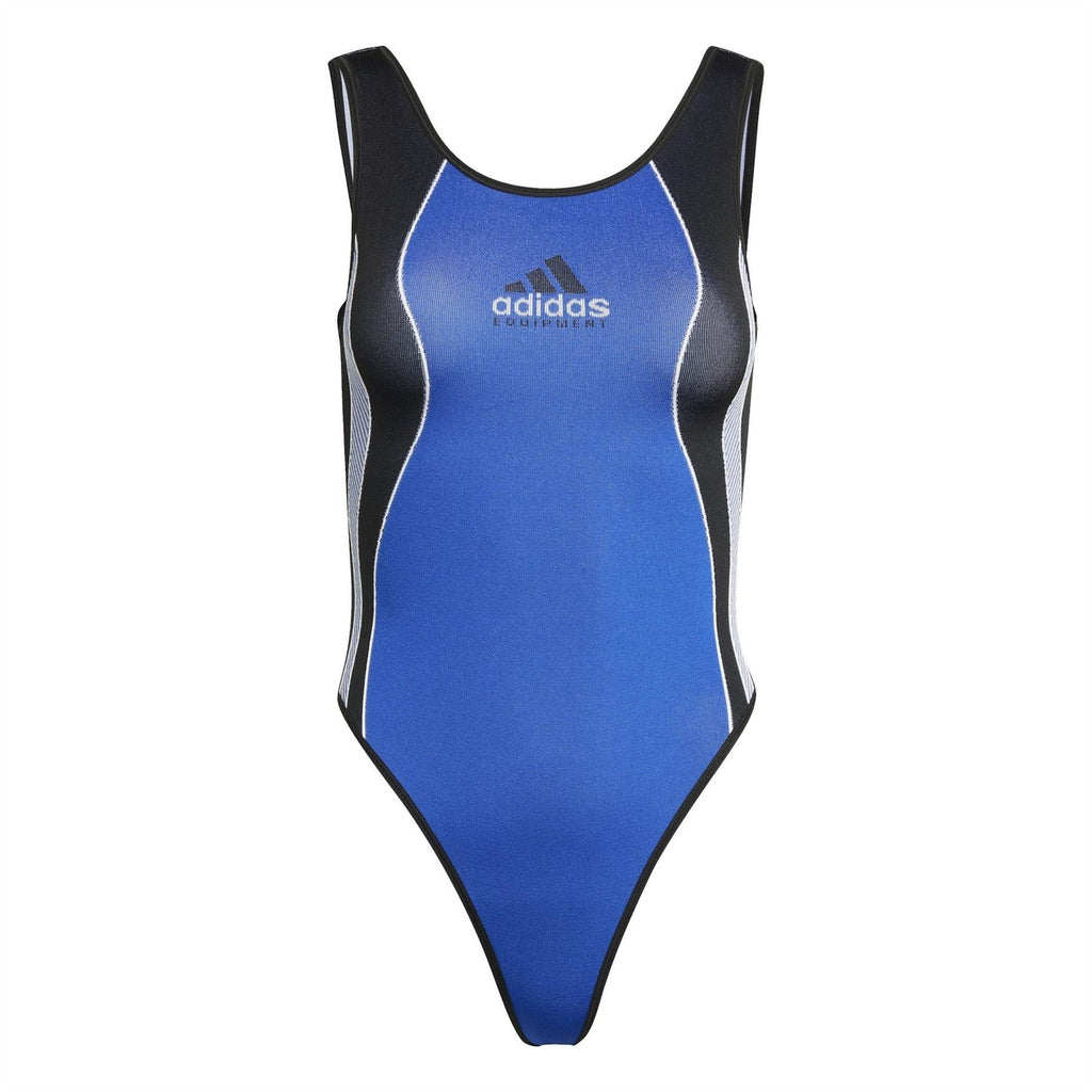 Blue one-piece swimsuit body with black side panels and adidas Equipment logo