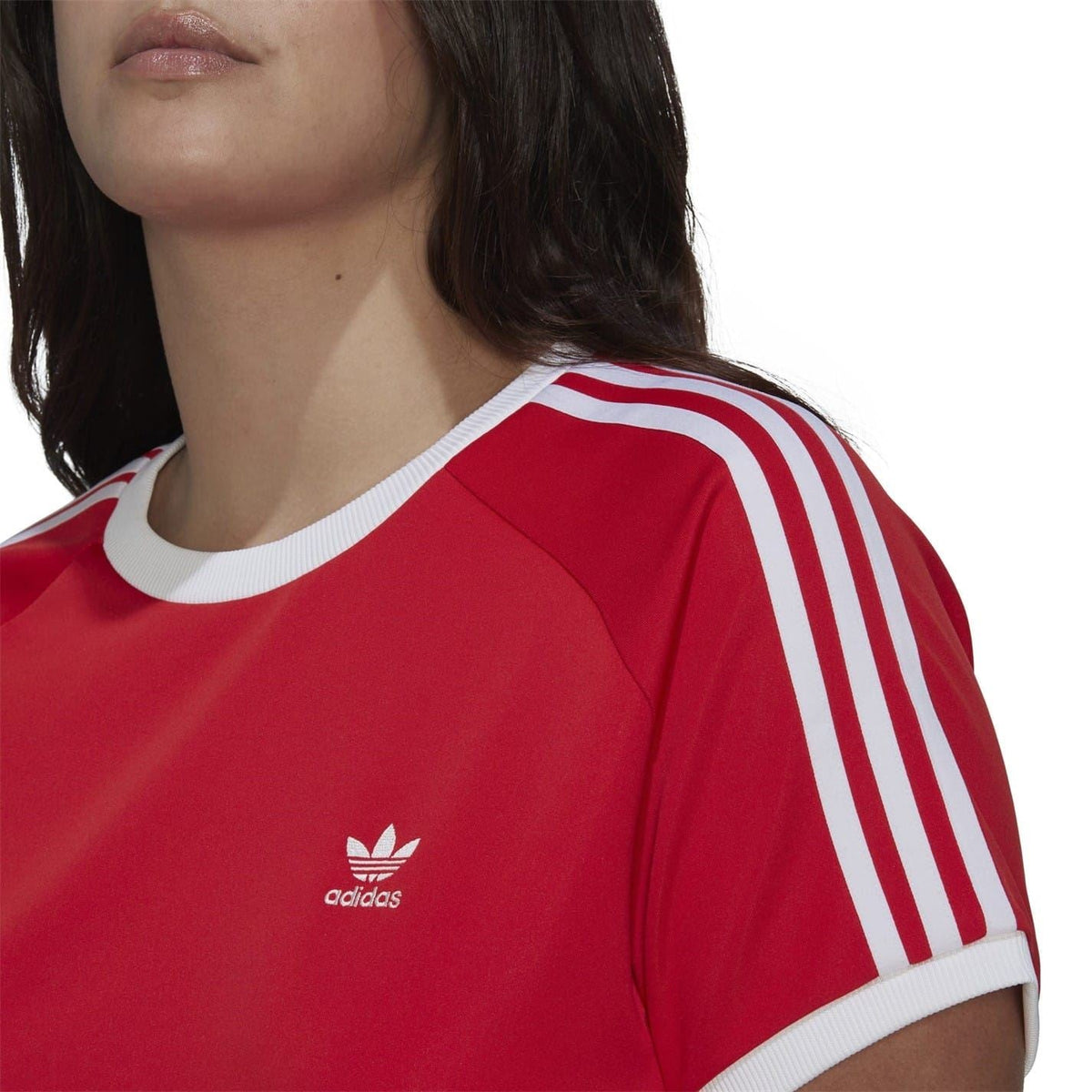 adidas Originals red crew-neck T-shirt with white 3-stripe shoulder and adidas logo