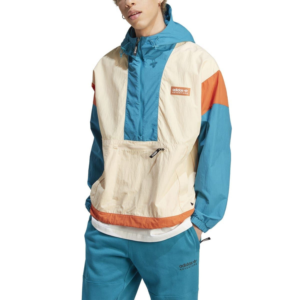 adidas Originals windbreaker jacket, hood and front pocket, model side profile