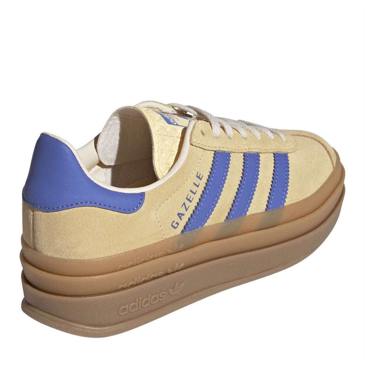 Beige Gazelle Bold sneakers with blue stripes, off-white interior lining, and tan sole