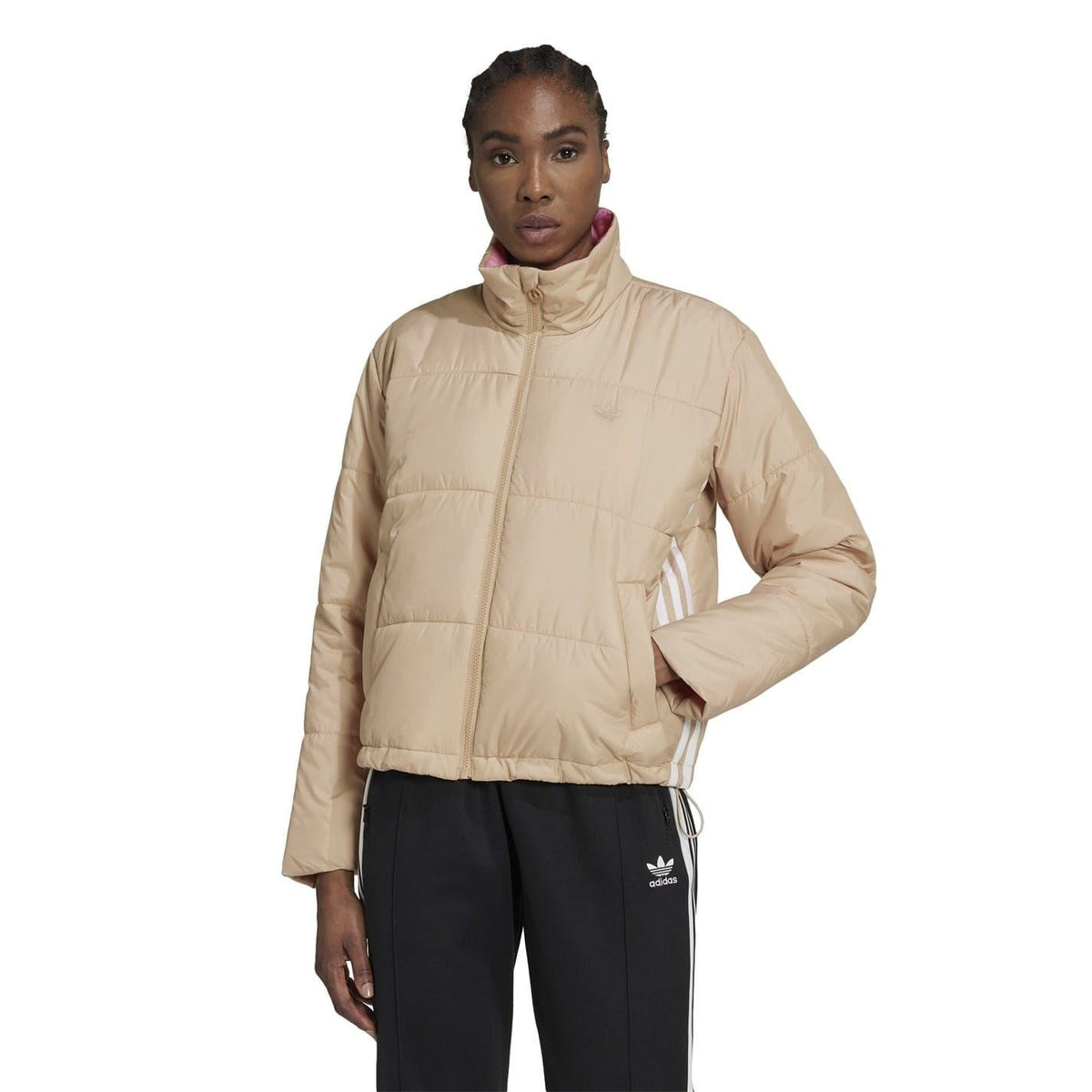 Beige padded high-neck zip-up jacket with regular fit, adidas Originals logo.