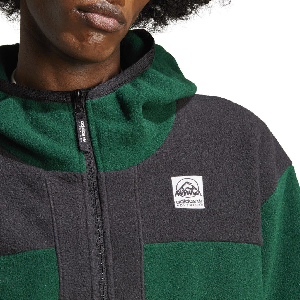 adidas polar fleece hoodie close-up of front logo patch and center zip