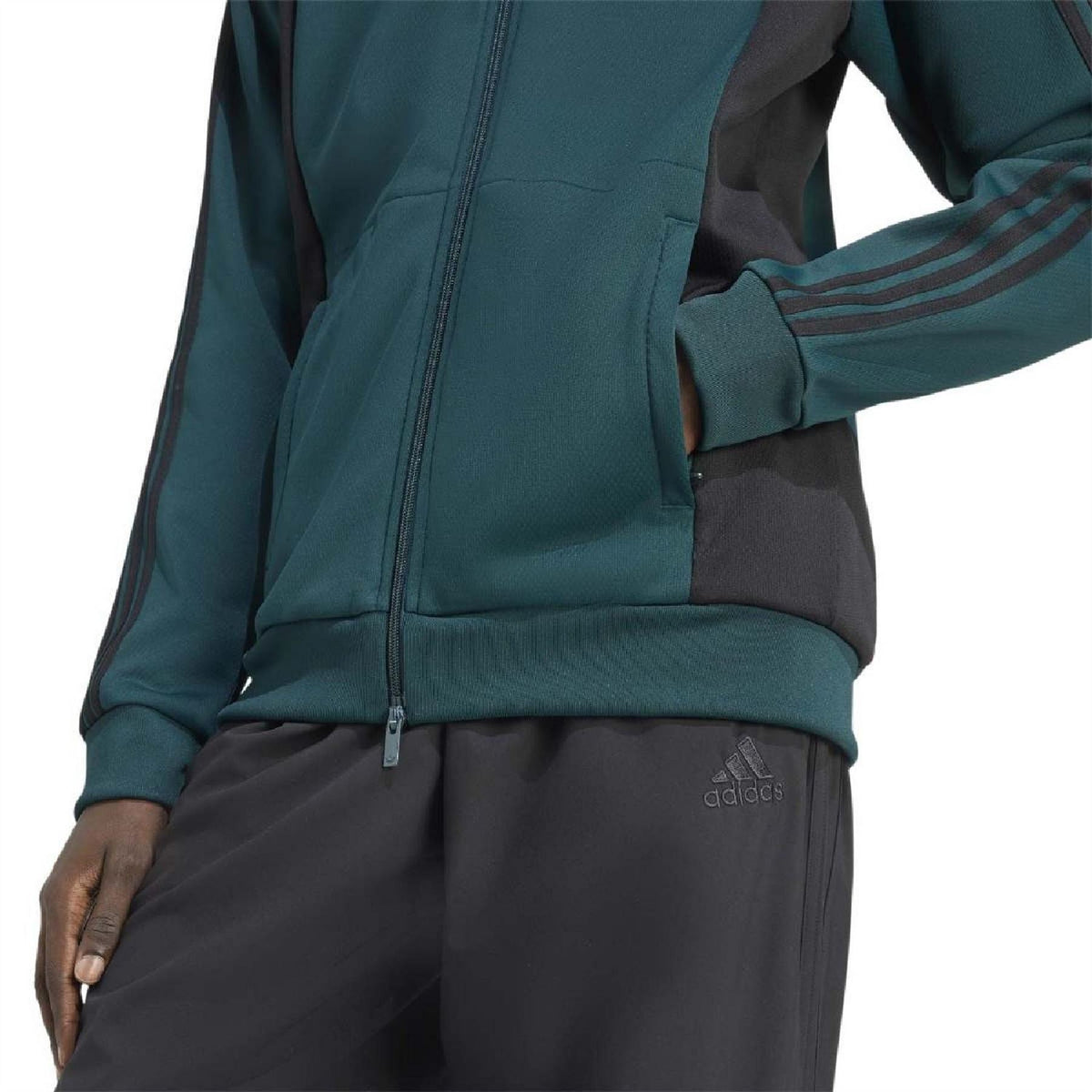 adidas Originals teal jacket close-up: zip front, ribbed hem, striped sleeve detail