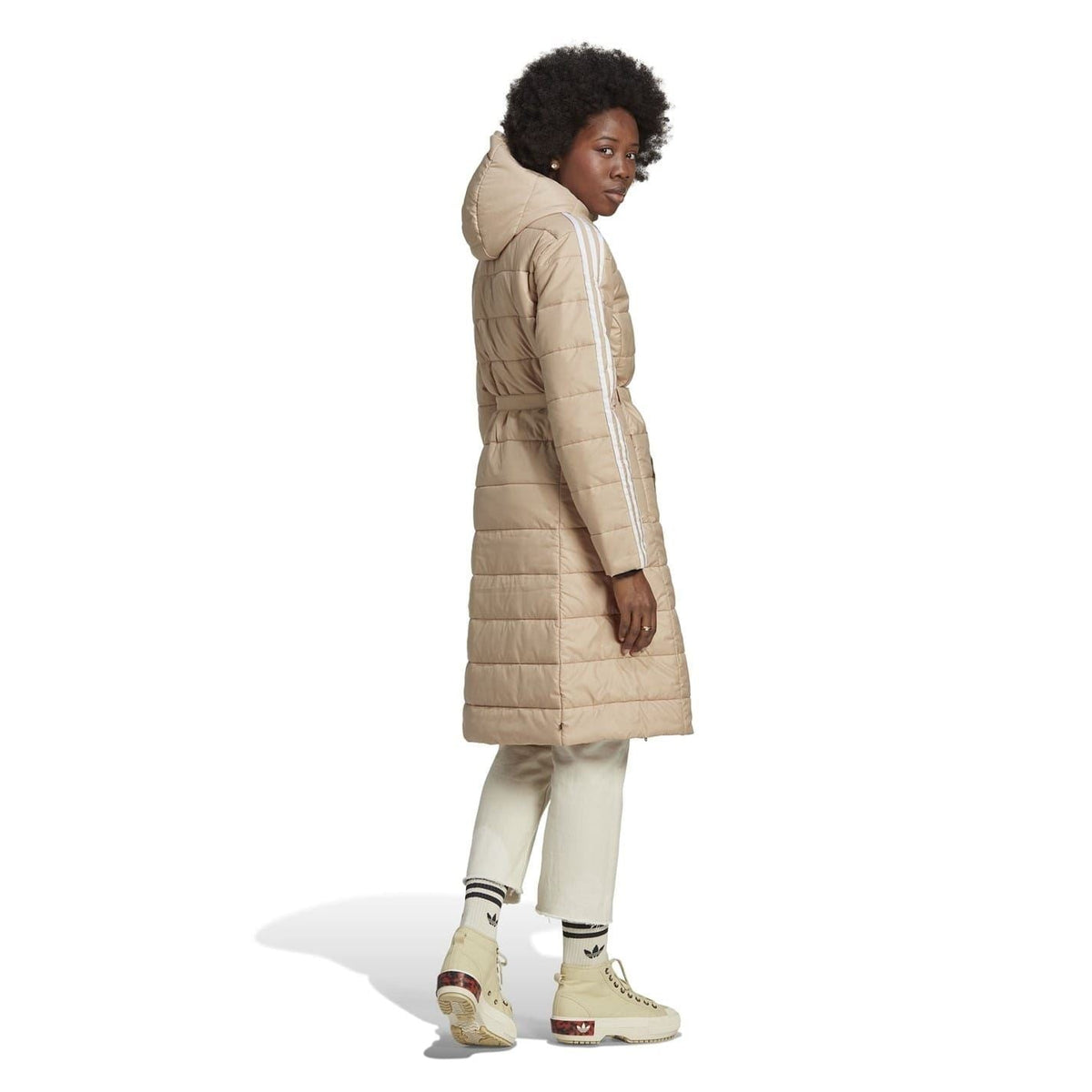adidas Originals beige hooded slim-fit puffer jacket shown from the side