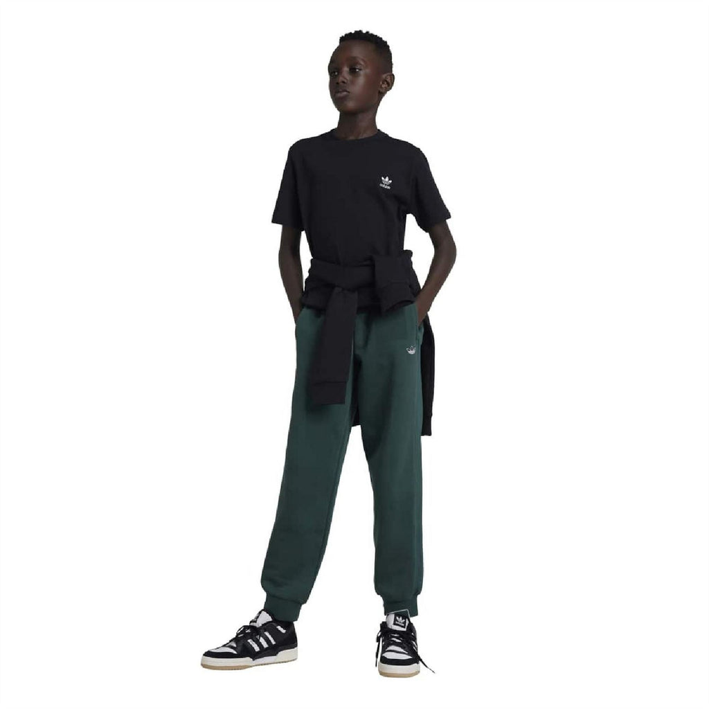 Black adidas Originals juniors T-shirt on model, short sleeves, small chest logo