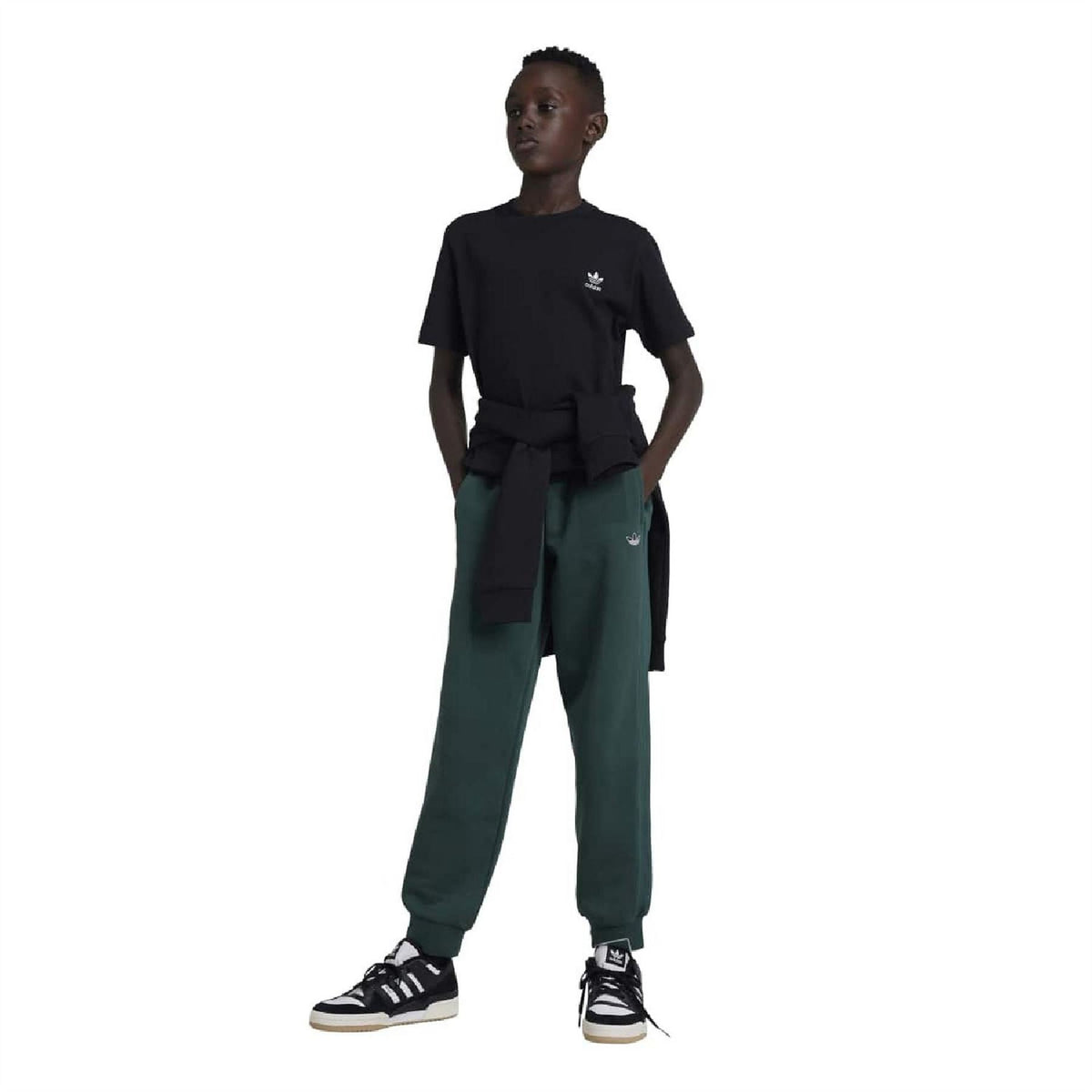 Black adidas Originals juniors T-shirt on model, short sleeves, small chest logo