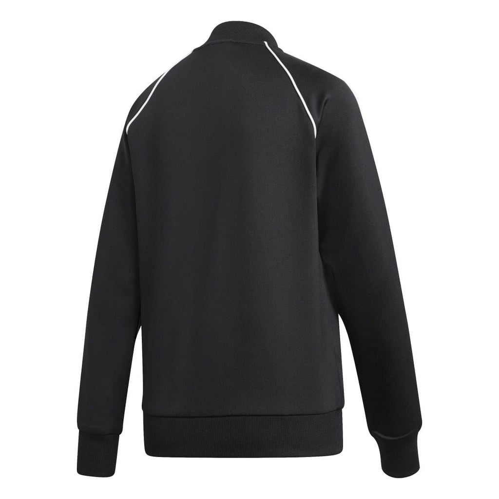 Black track top back view with stand collar and white triple side sleeve stripes